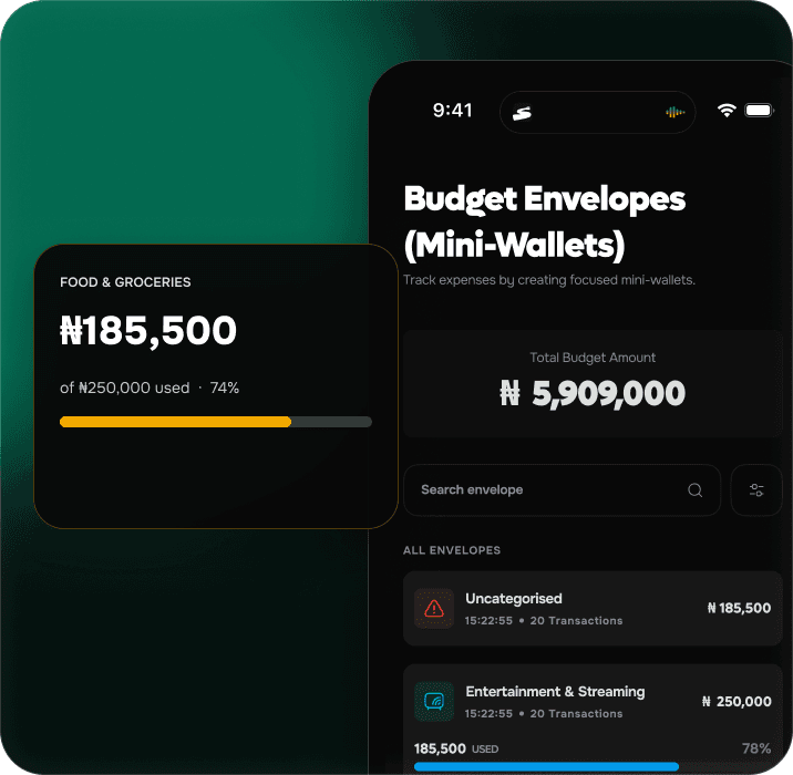 Spendek Budget Envelopes screen with a food and groceries spending limit