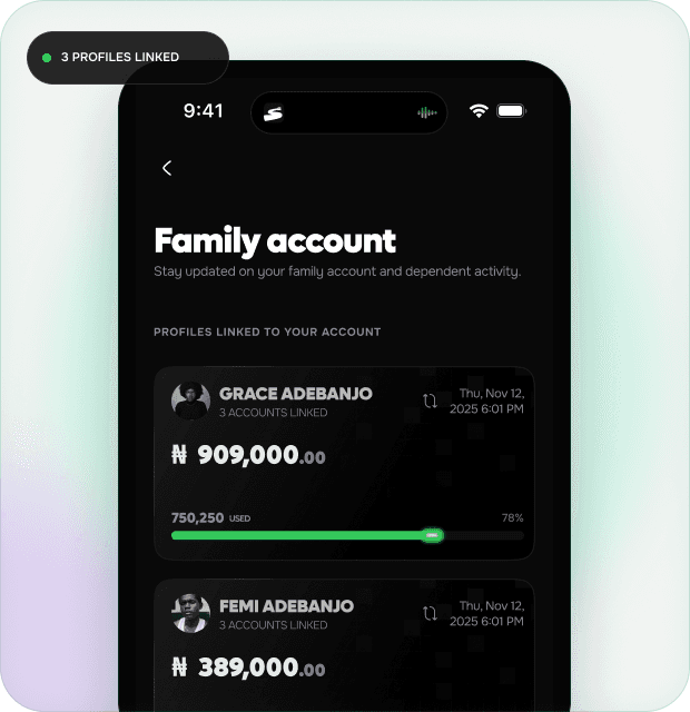Spendek family account screen showing linked dependant profiles and their budget progress