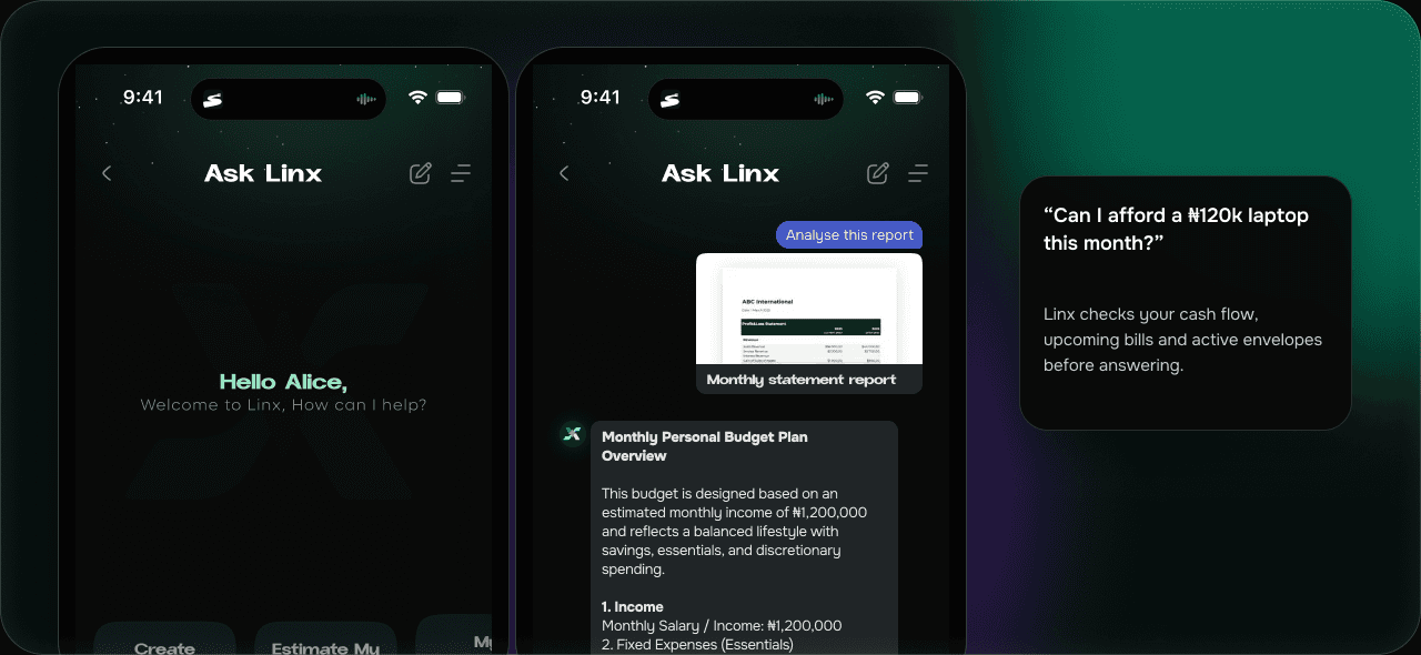 Two Ask Linx screens showing a financial prompt and an AI-generated budget response